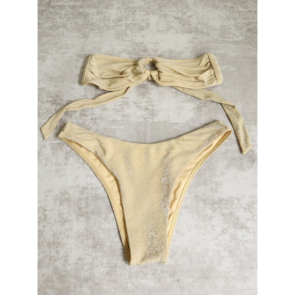 Monday Swimwear Shimmer Bikini Set Women Small Gold Metallic Bandeau Resortwear
